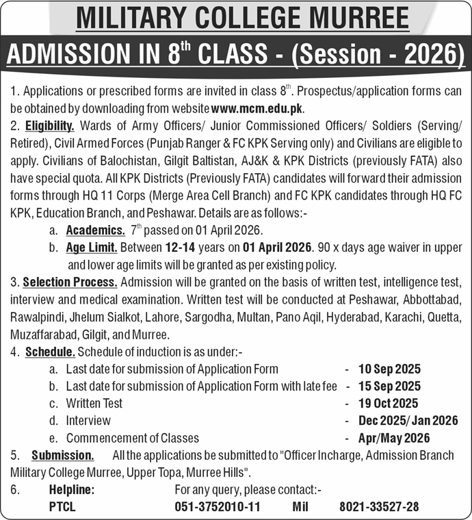 Admission Open in Military College Murree